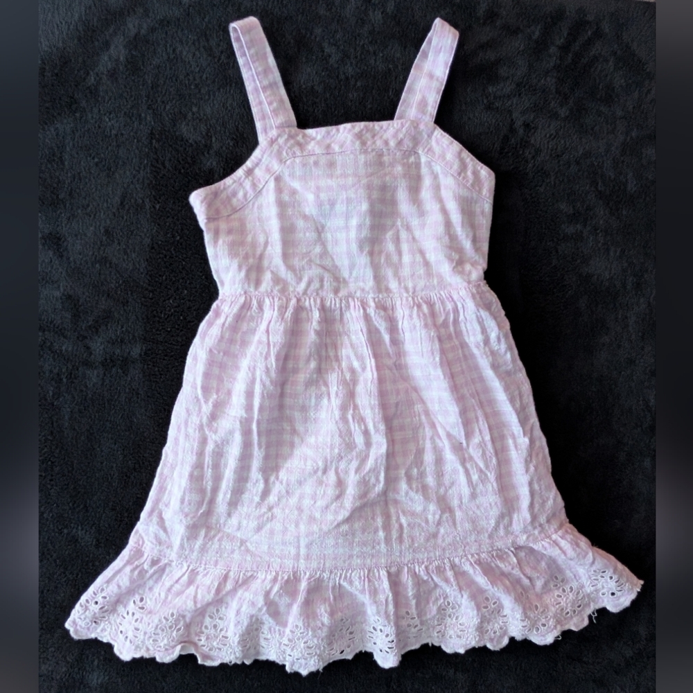 Girls Linen 100% Cotton Pink Eyelet Gingham Floral Lace Spring Dress Sz M 7/8